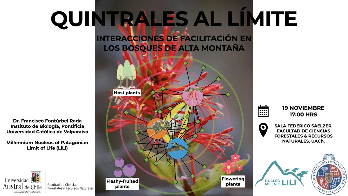 FacforenPrensa's tweet photo. 📢"Quintrales al límite: Interacciones de facilitación en bosques de alta montaña"
📌 Dr. Francisco Fontúrbel Rada, Instituto de Biología Pontificia Universidad Católica de Valparaíso 
🗓️ 19 nov
🕔 17:00 hrs
📍Sala F Saelzer, Fac. Cs. Forestales &amp; Recursos Naturales, UACh. https://t.co/8cqEXDvoM0