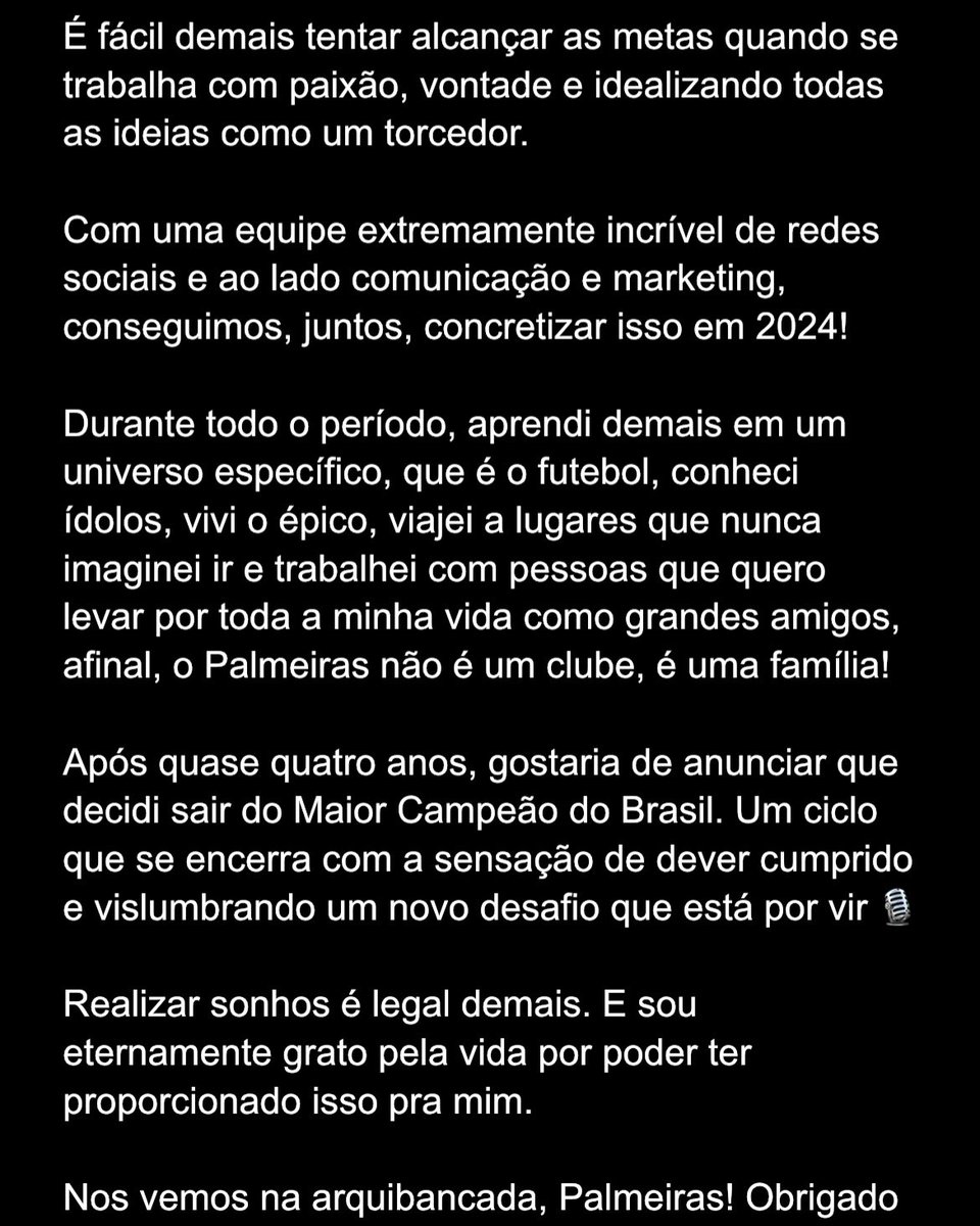 Obrigado, Palmeiras! Serei eternamente grato por tudo! 💚