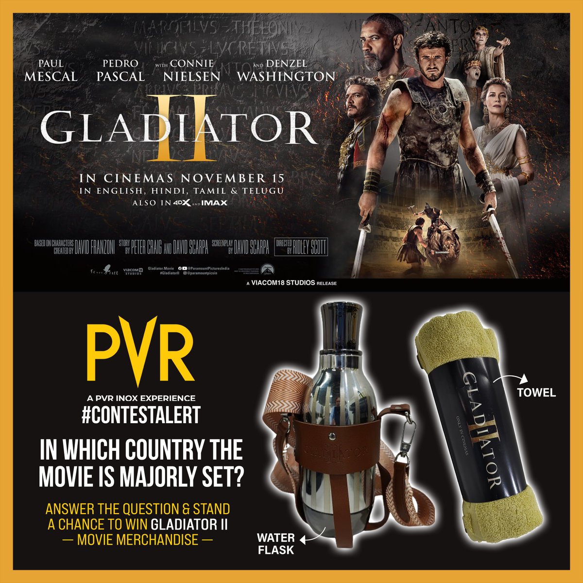 _PVRCinemas's tweet photo. Channel your inner Gladiator! ⚔️🎬 Answer a simple question and stand a chance to win free movie merchandise.

Steps:
1: Share your answer in the comments
2: Tag PVR Cinemas and your friends
3: Tag #Gladiator2AtPVR contest & follow us

Now screening at PVR INOX!
Book now: https://t.co/aktyEjTQ8O
Winners will be announced on our Instagram page.
.
.
.
#ContestAlert #Contest #PaulMescal #PedroPascal #DenzelWashington #ConnieNielsen #JosephQuinn #FredHechinger