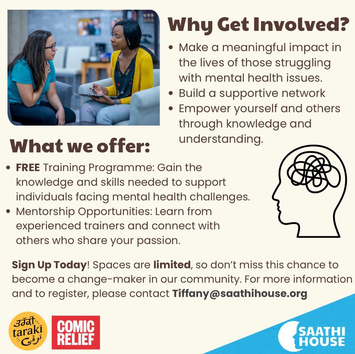 We are looking for 10 women to join us on a free training programme dedicated to supporting individuals facing mental health challenges.

What We Offer:
- FREE Training Programme: Gain the knowledge and skills needed to support individuals facing mental health challenges.
