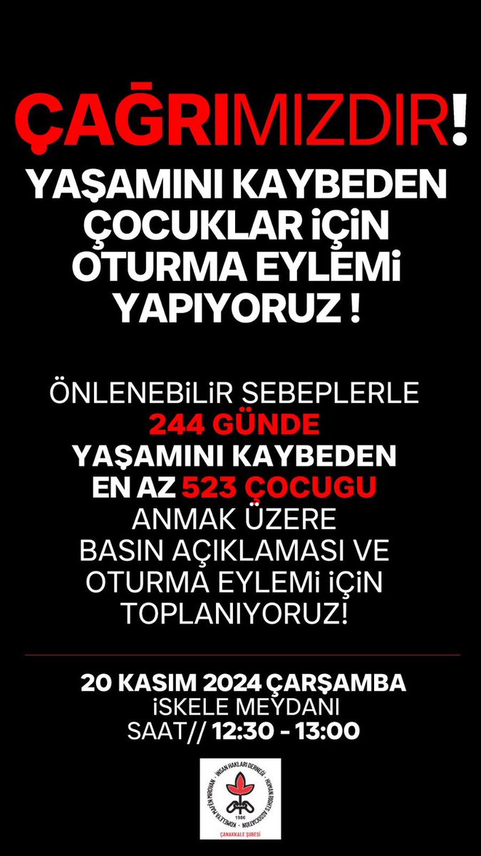 ihdcanakkale's tweet photo. ÇAĞRIMIZDIR!
Yaşamını kaybeden çocuklar için oturma eylemi yapıyoruz!
Yer // 20 Kasım 2024 Çarşamba
İskele Meydanı
Saat // 12:30 - 13:00 https://t.co/gnV0xt4FX8