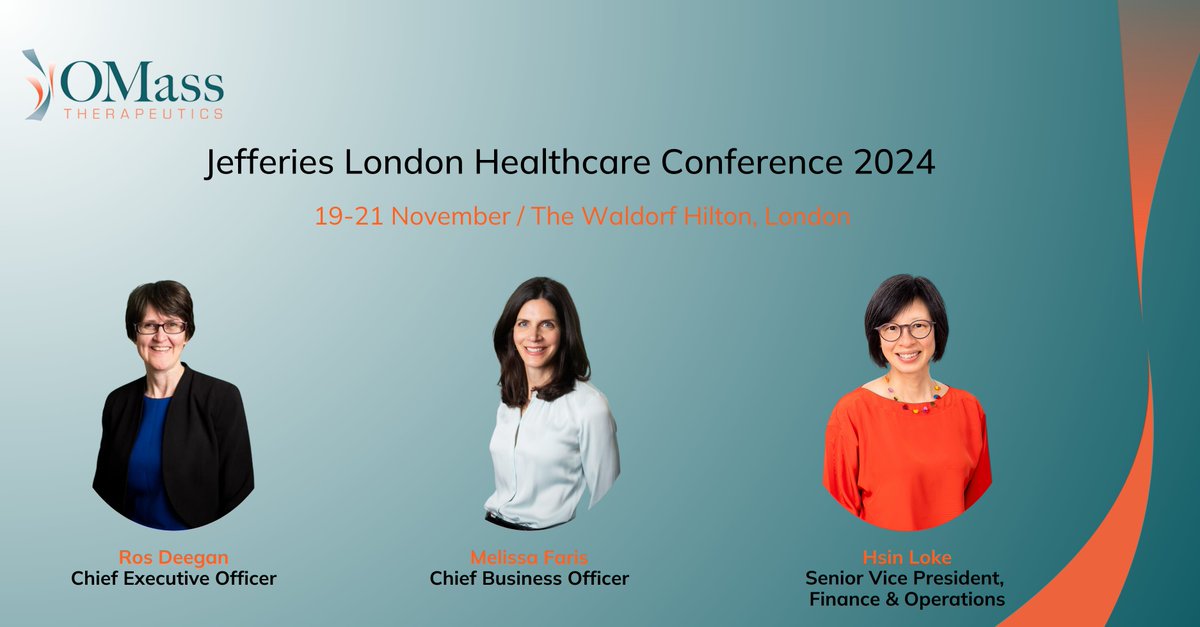 OMass Therapeutics (@omasstx) on Twitter photo Our CEO <a href="/RosDeegan/">Ros Deegan (she/her)</a>, CBO Melissa Faris and SVP of Finance and Operations Hsin Loke will be attending this yearās <a href="/Jefferies/">Jefferies</a> London Healthcare #Conference taking place from 19-21 November.
If youād like to connect, please contact: info@omass.com Our CEO <a href="/RosDeegan/">Ros Deegan (she/her)</a>, CBO Melissa Faris and SVP of Finance and Operations Hsin Loke will be attending this yearās <a href="/Jefferies/">Jefferies</a> London Healthcare #Conference taking place from 19-21 November.
If youād like to connect, please contact: info@omass.com