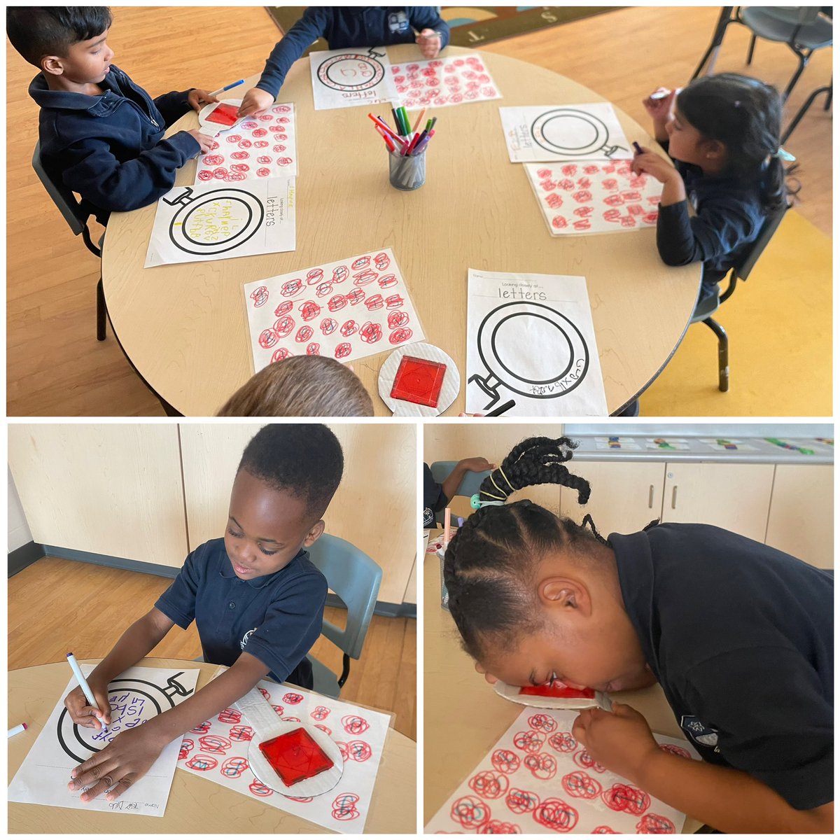 Pavao_Cecco's tweet photo. Check out how students used our DIY magnifying glasses with red magnatiles to reveal upper and lower case letters and practice their letter printing in meaningful ways #hcdsbk @saopmilton1 @HCDSB_k https://t.co/ZvajzKTt3p