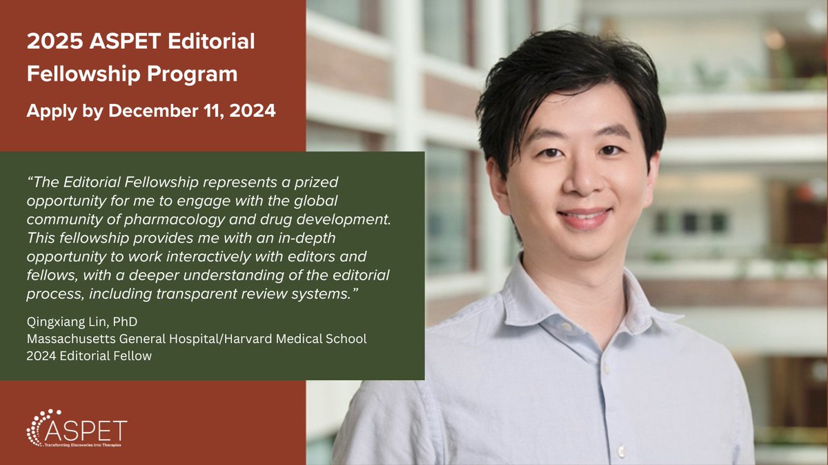 ASPET’s Editorial Fellowship Program is accepting applications for its 2025 class. Fellows will learn important elements of the editorial process, including all aspects of the submission process, peer review, and editorial decisions. Apply by Dec 11: ow.ly/4IMN50U7SMT.
