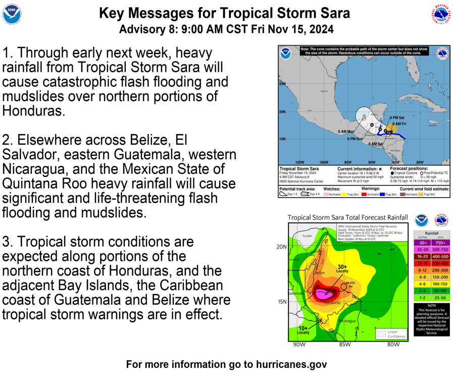NHC_Atlantic's tweet photo. 9am CST Nov 15: Catastrophic flooding and mudslides ongoing across portions of #Honduras due to heavy rainfall from Tropical Storm #Sara. For the latest information visit https://t.co/tW4KeGe9uJ https://t.co/5y5IJffA5Q