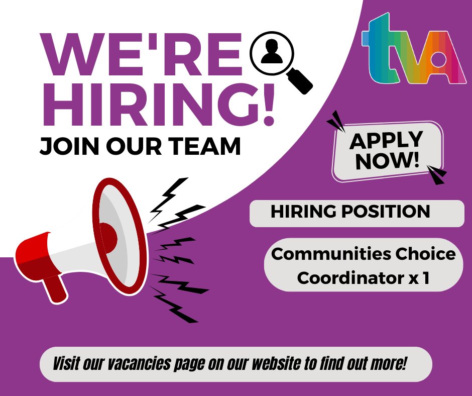 Great news!  We have two amazing positions to join us at TVA.
1 x Communities Choice Coordinator
1 x Finance Support Offcier
Click the link to find out more: tvawales.org.uk/vacancies/
deadline: Noon 2nd December