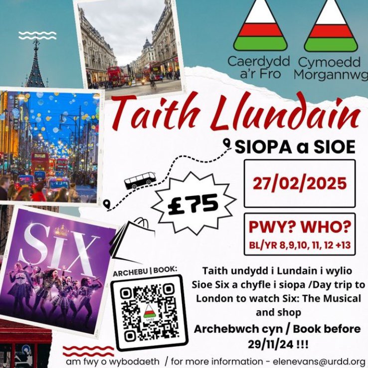 Taith i Lundain rhanbarthau Cymoedd Morgannwg a Chaerdydd a'r Fro: Siopa a Sioe Six! 🎭🛍️🚕
 
Trip to London for Glamorgan Valleys and Cardiff and the Vale regions: Shopping and Six the Muscial! 🎭🛍️🚕
 
🎟️ I archebu / To book &gt; gweithgareddau.urdd.cymru