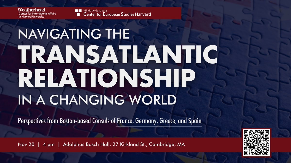 EuropeAtHarvard's tweet photo. America has voted. What does the future hold now for the transatlantic relationship? Join @FranceinBoston @GermanyinBoston @GreeceinBoston &amp; Spain consuls to discuss what lies ahead for Europe and the transatlantic dialogue. @HarvardWCFIA

🗓️11/20, 4pm
🔗https://t.co/Eiz4Glc1nk https://t.co/WRR5TGTiPC