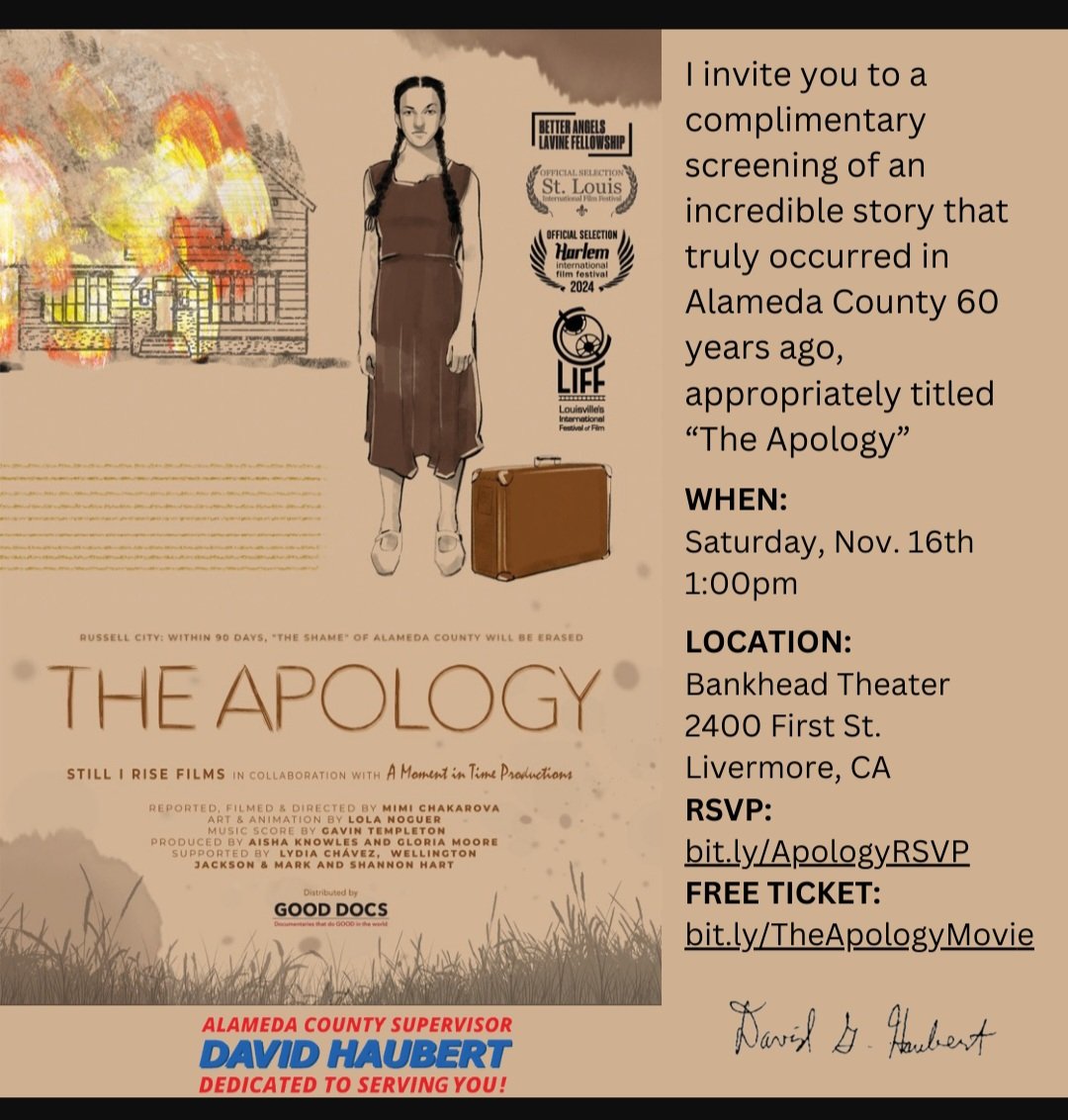 Please join me this Saturday, 11/16, I am hosting a complimemtary screening of this incredible production at the Bankhead Theater in Livermore.
RSVP: bit.ly/ApologyRSVP
TICKETS: bit.ly/TheApologyMovie