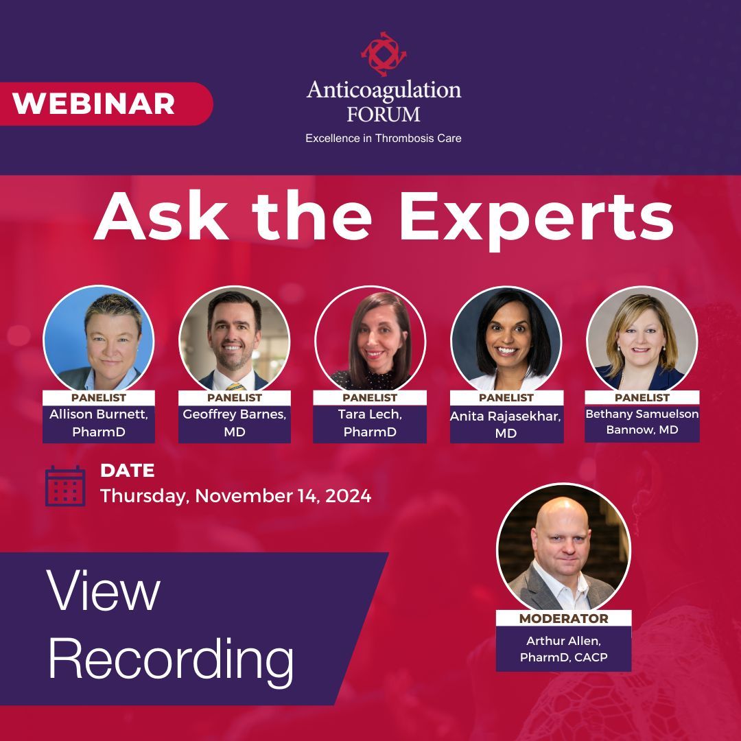 Anticoagulation Forum (@anticoagforum) on Twitter photo 🔊 Recording is now available for the "Ask the Experts" webinar. Watch here: bit.ly/3QLuunC
Thank you to our amazing panelists Drs. Arthur Allen (<a href="/AAllenPharmD/">Arthur Allen</a>), Allison Burnett (@aburnett_PharmD), Geoffrey Barnes (<a href="/GBarnesMD/">Geoff Barnes</a>), Tara Lech, (<a href="/AnticoagPharmD/">Tara Lech PharmD, CACP</a>) Anita 🔊 Recording is now available for the "Ask the Experts" webinar. Watch here: bit.ly/3QLuunC
Thank you to our amazing panelists Drs. Arthur Allen (<a href="/AAllenPharmD/">Arthur Allen</a>), Allison Burnett (@aburnett_PharmD), Geoffrey Barnes (<a href="/GBarnesMD/">Geoff Barnes</a>), Tara Lech, (<a href="/AnticoagPharmD/">Tara Lech PharmD, CACP</a>) Anita