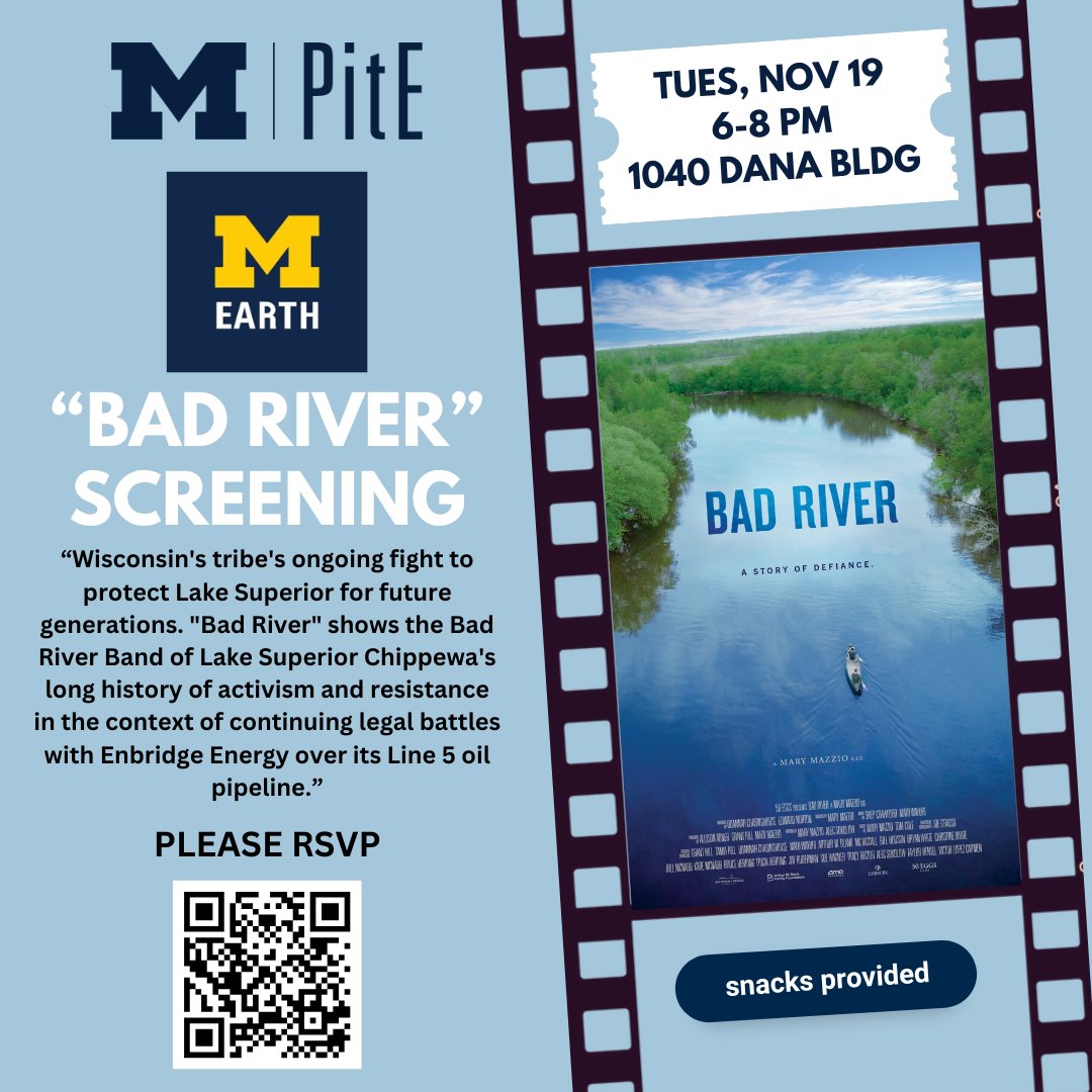 Michigan EARTH (@michiganearth) on Twitter photo Join us for a screening of the documentary, Bad River: A Story of Defiance. Snacks will be provided.
Tuesday, November 19
6-8 p.m.
Room 1040, Dana Building
Please RSVP here: myumi.ch/XGpnx Join us for a screening of the documentary, Bad River: A Story of Defiance. Snacks will be provided.
Tuesday, November 19
6-8 p.m.
Room 1040, Dana Building
Please RSVP here: myumi.ch/XGpnx