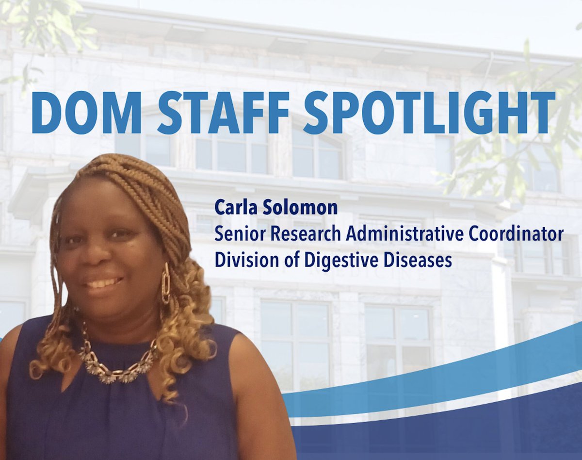 #DOMStaffSpotlight: Carla Solomon, Digestive Diseases

Since 2005, Carla has been a cornerstone of the team, supporting everything from operations &amp; administration to now helping advance research efforts like the Emory Digestive Diseases Initiative. 🔗bit.ly/3CrcsVs