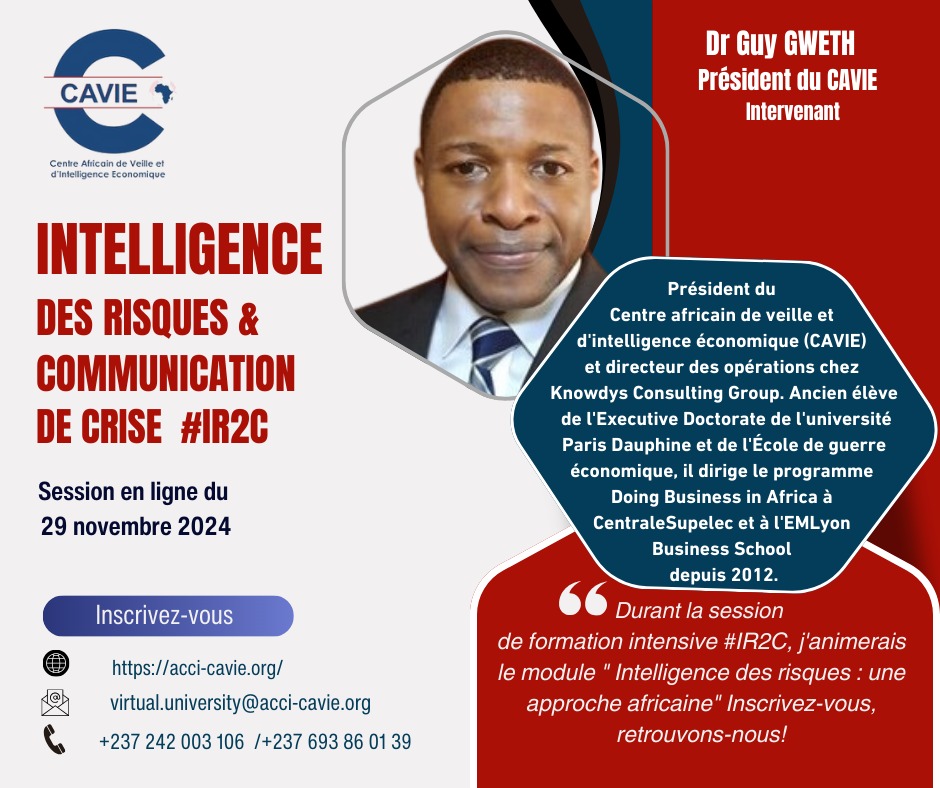 cavie_acci's tweet photo. Durant la session de formation intensive #IR2C, j'animerais le module "Intelligence des risques : une approche africaine". Inscrivez-vous, retrouvons-nous!
Lien d'inscription : https://t.co/Nuo784I1h4
#CAVIE #ExecutiveTraining #eLearning #CrisisManagement #RiskIntelligence https://t.co/GEr9b75ewX