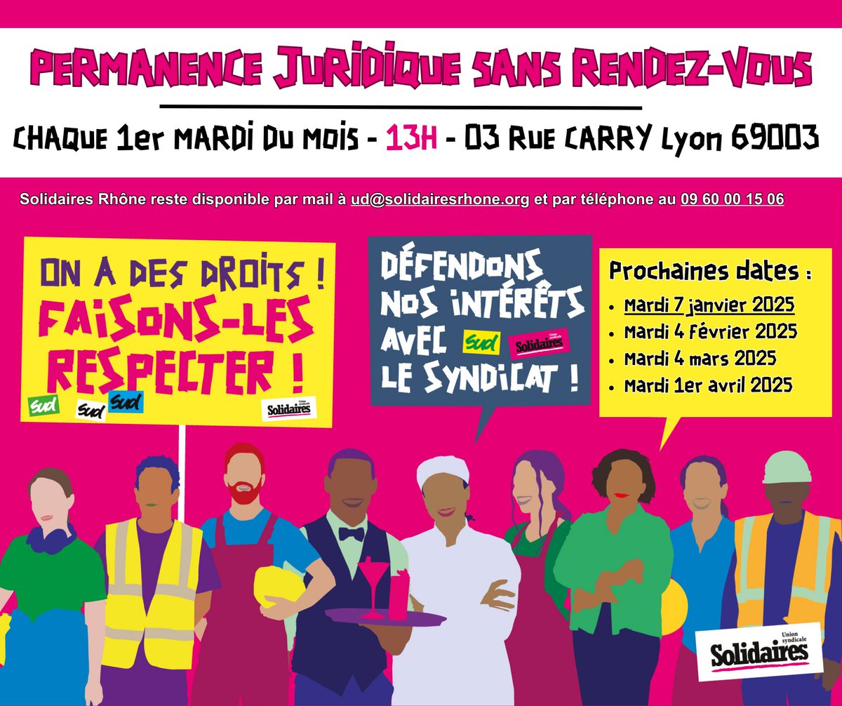Solidaires Rhône reçoit gratuitement et sans rendez-vous les salarié·es du privé et intervient en matière de salaire, accident du travail / maladie professionnelle, santé au travail, licenciement etc.

Prochaine permanence : Mardi 7 janvier 2025 📆

3 rue carry , 69003 Lyon 📌