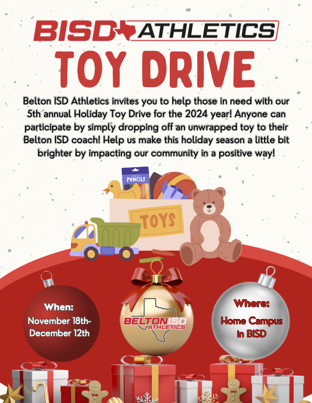 BeltonISDAth's tweet photo. Next week we kick off our 5th Annual BISD Athletics Toy Drive.  All of our donations go to local kids in Bell and Coryell Counties via CASA. @BeltonISD @thebeltontigers @SBMS_athletics1 @BMS_Athletics2 @LBAthleticBoost @LBMS_Athletics @NB212athletics @BntDragon  @BellCoryellCASA https://t.co/rQkW3fJjGr