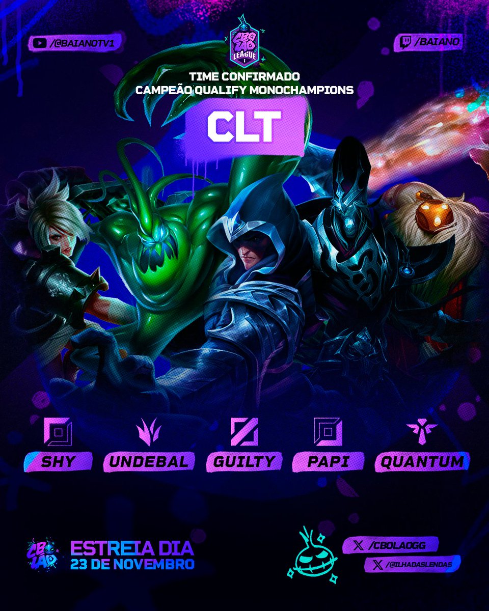 CBOLAOgg's tweet photo. 🚨 CLT - Confirmado no CBOLÃO League

O time campeão do Qualify de Monochampions chega pra disputar o CBOLÃO League no dia 23 de Novembro!

Quais outros times de monochampions devem aparecer por aqui? Qual será o melhor? Só o tempo dirá 👀