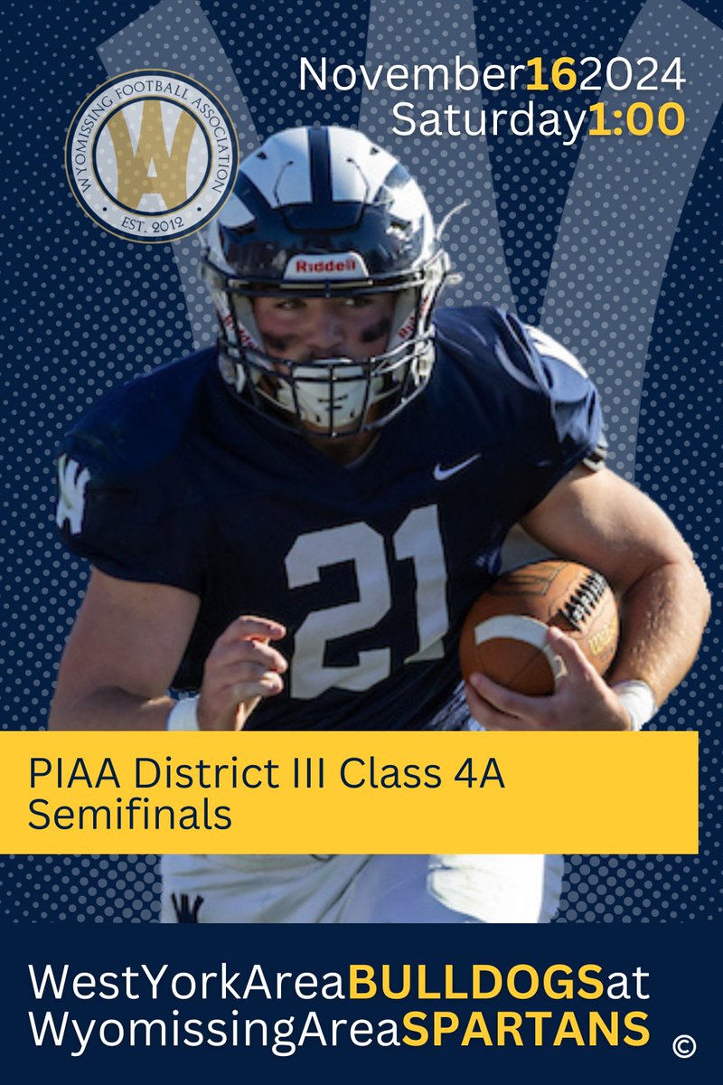 Wyomissing Spartans Football (@wyofootball) on Twitter photo The Spartans host the West York Area Bulldogs for the district semifinals. Planning on being there in person? Tickets must be purchased online - piaad3.hometownticketing.com/embed/event/743...
Can’t make it? Don’t miss the action! Join the WFA and get live streaming access!!! wyofootball.com/join-the-wfa The Spartans host the West York Area Bulldogs for the district semifinals. Planning on being there in person? Tickets must be purchased online - piaad3.hometownticketing.com/embed/event/743...
Can’t make it? Don’t miss the action! Join the WFA and get live streaming access!!! wyofootball.com/join-the-wfa