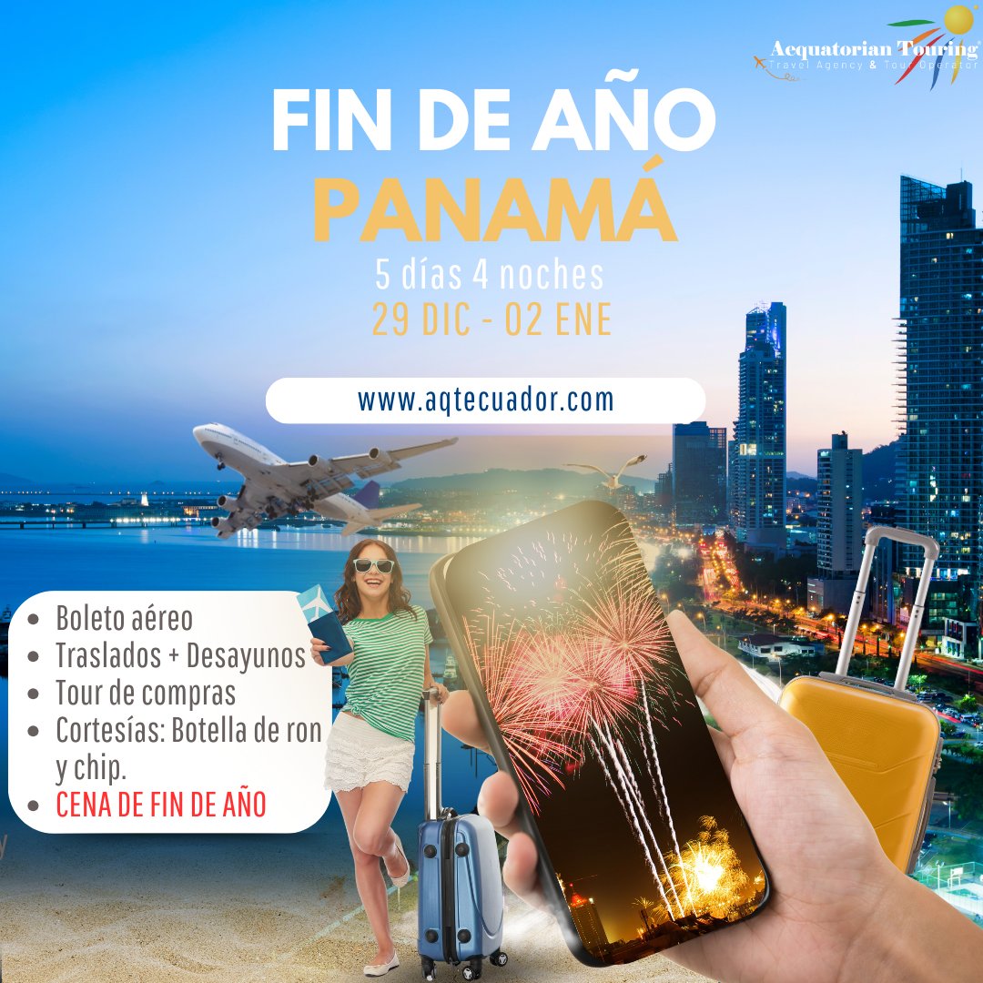 aqtecuador's tweet photo. PANAMÁ
FIN DE AÑO
5DIAS 4 NOCHES
29DIC - 2ENE

INCLUYE:
✈️ Boleto aéreo
🙋 Asistencia en el aeropuerto
🚌 Traslados
🌃 4 noches en Hotel
🍽️ Desayunos
🍽️ Cena de fin de año
🍾Cortesias Botella de Ron y chip
🛍️ Tour compras
💰 Impuestos aéreos y hoteleros https://t.co/yq3dvrgpfl