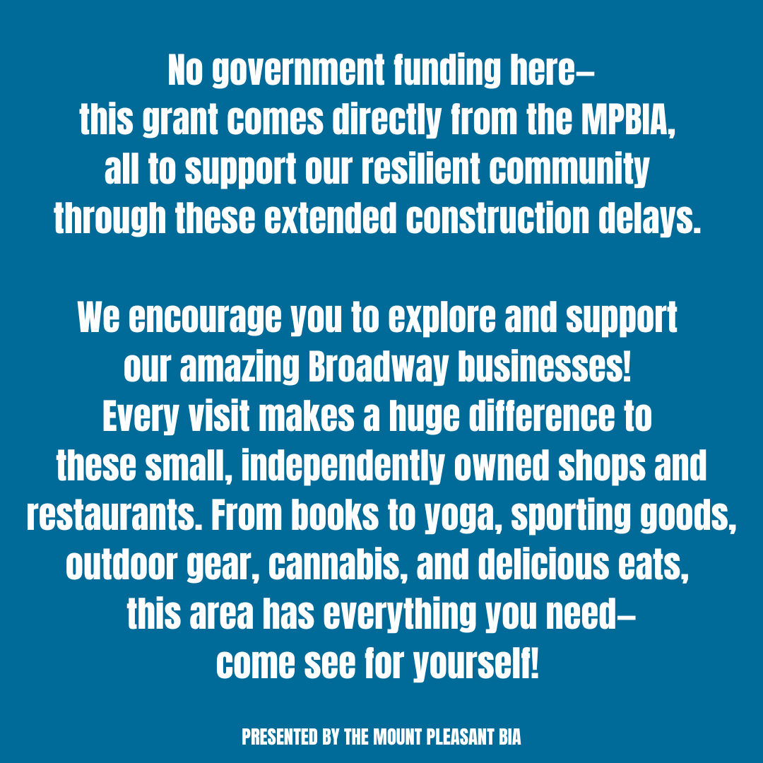 Mount Pleasant BIA (@mountpleasantbc) on Twitter photo We are so pleased to see our self funded Granting Program in action! With the nearly 2 year delay to this project, we needed to step up and help our members make it to the other side of this delay. <a href="/christineeboyle/">Christine Boyle</a> <a href="/BrendaBaileyBC/">Brenda Bailey</a> <a href="/broadwaysubway_/">The Broadway Subway Project</a> <a href="/TransLink/">TransLink BC</a> <a href="/CityofVancouver/">City of Vancouver</a> We are so pleased to see our self funded Granting Program in action! With the nearly 2 year delay to this project, we needed to step up and help our members make it to the other side of this delay. <a href="/christineeboyle/">Christine Boyle</a> <a href="/BrendaBaileyBC/">Brenda Bailey</a> <a href="/broadwaysubway_/">The Broadway Subway Project</a> <a href="/TransLink/">TransLink BC</a> <a href="/CityofVancouver/">City of Vancouver</a>
