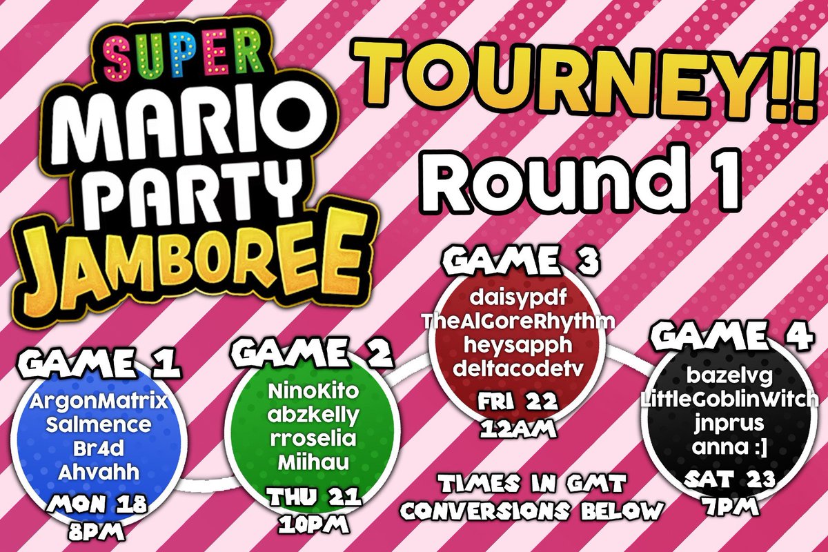 🎲 MARIO PARTY TOURNAMENT 🍄

i'll be hosting a 16 player mario party jamboree tourney over the next 2-3 weeks, starting monday 18th!

this graphic has all dates and creators on it, so take a look and check everyone out :] (not anna she doesn't stream or anything she's just here)