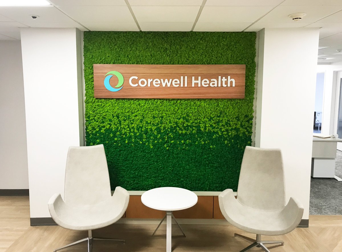 ValleyCitySign's tweet image. Who says admin offices can't be fun?
We recently installed this illuminated wall sign for Corewell Health. This sign features a custom digitally printed face to mimic the look of wood. The moss wall by the customer completes the overall look. 
#wallsigns #healthcare #adminoffice