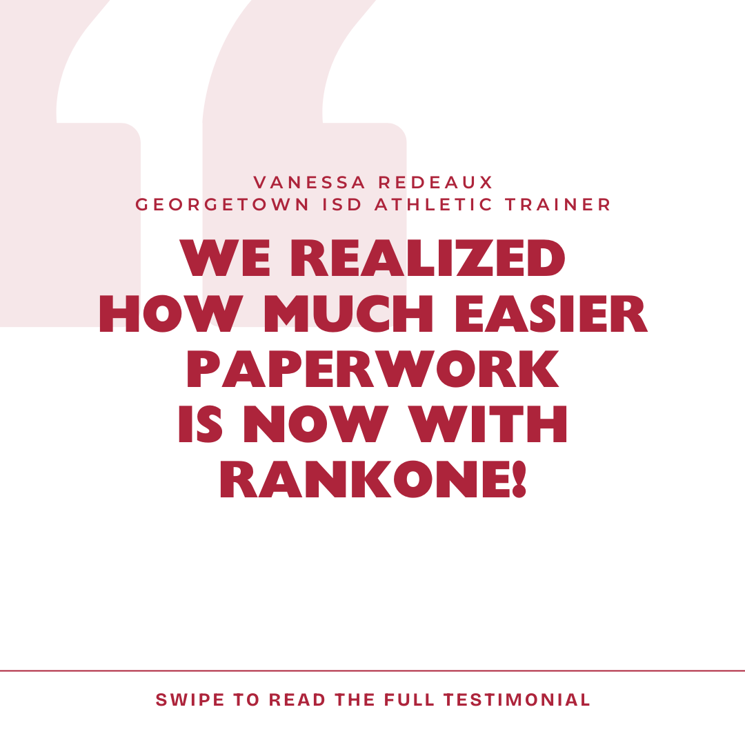 rank1sport's tweet photo. Vanessa Redeaux, Athletic Trainer at @GeorgetownISD, shares how #rankone has made paperwork easier!
Request a demo today: https://t.co/qG0TP8w6cZ https://t.co/rJAWjQW06n