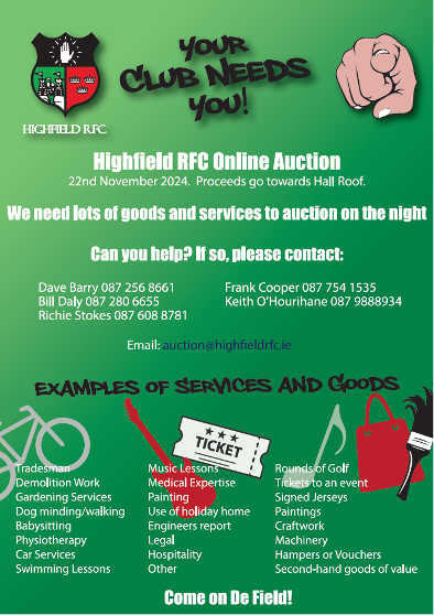 <a href="/IrishRugby/">Irish Rugby</a> <a href="/BrianODriscoll/">Brian O'Driscoll</a> <a href="/BBCSPORTNI/">BBC SPORT NI</a> <a href="/HighfieldRFC/">Highfield RFC</a> We would also like to flag a very important auction happening next Friday, November 22nd. Highfield are raising funds to pay for essential works on the clubhouse roof. To register Please see highfieldrfc.ie

37/