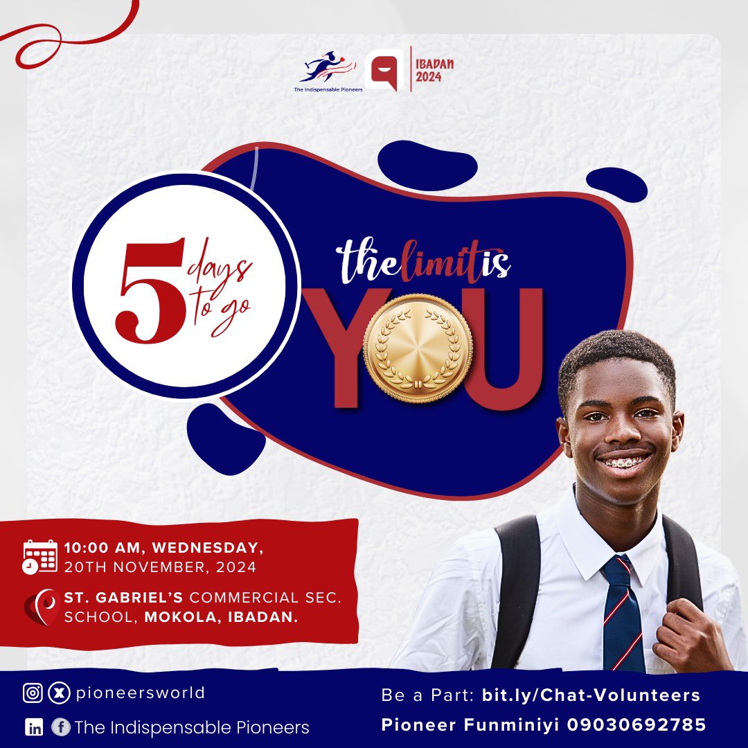 Pioneersworld's tweet photo. It’s Friday and our weekend gets more exciting because CHAT is happening in 5 days!

Countdown to CHAT2024 with us.

#CHAT2024
#ChattingCHAT
#TheLimitIsYou https://t.co/J4j6SOl7tg