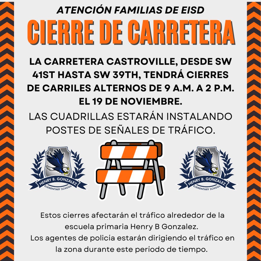🚧🚨¡Alerta de construcción vial! 🚧🚨 El próximo MARTES, 19 de noviembre, habrá cierres de carriles alternos en la carretera Castroville. Esto afectará el tráfico cerca de HBG. Por favor, planifique con anticipación.