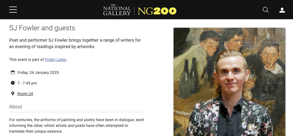 A way off, but please join me once again for my seventh event <a href="/NationalGallery/">National Gallery</a> on January 24th 2025. A walking tour reading, with commissioned poems on paintings, as part of the Friday Lates program. 7pm and free nationalgallery.org.uk/events/friday-…