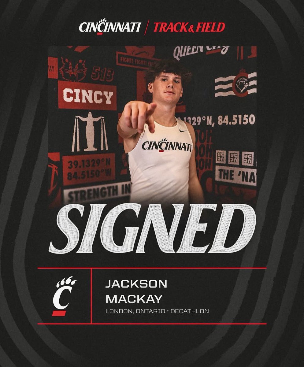 Jackson Mackay (@jacksonmackay14) on Twitter photo Very proud to announce that I’ve chosen to sign with <a href="/GoBEARCATS/">Cincinnati Bearcats</a> Track & Field to compete in the Multi’s. Very excited to work with the Cincy coaches & compete with the Bearcats team.
Thanks to all of my coaches who have believed in me along the way…track, football & hockey. Very proud to announce that I’ve chosen to sign with <a href="/GoBEARCATS/">Cincinnati Bearcats</a> Track & Field to compete in the Multi’s. Very excited to work with the Cincy coaches & compete with the Bearcats team.
Thanks to all of my coaches who have believed in me along the way…track, football & hockey.