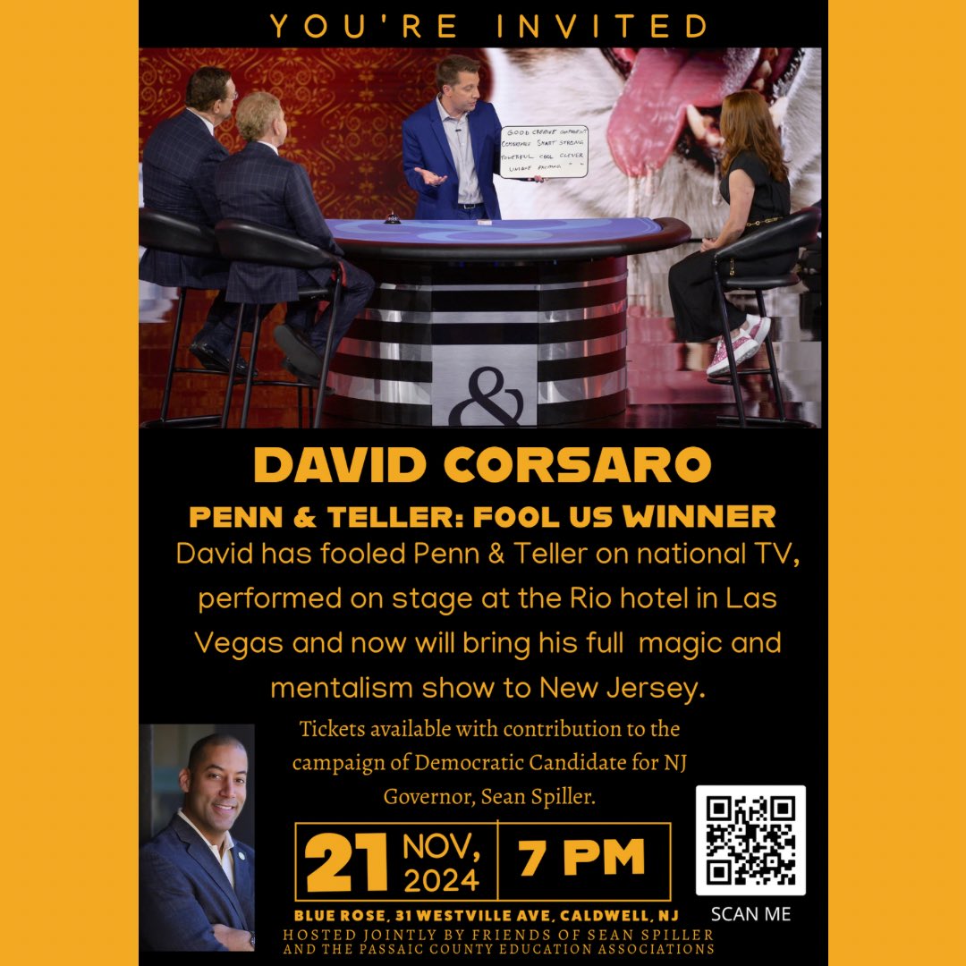 Join us next week on Thursday 11/21 for an Evening of Magic and Momentum! 🎩🪄You will get a chance to experience a captivating close-up magic performance by the incredible David Corsaro and to connect with Sean and support his vision for a stronger New Jersey.

🎟️Tickets:
$100