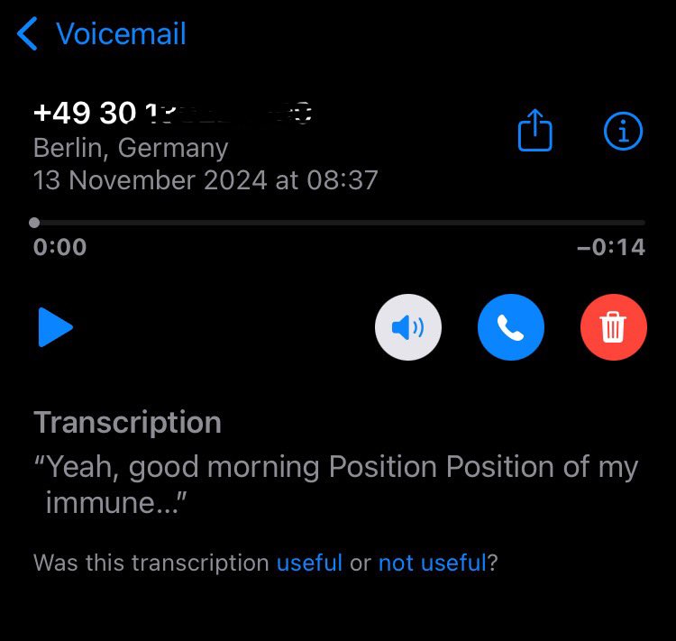 Apple translating the voice message in German left by my doctor’s assistant to cancel our upcoming appointment 🇩🇪🥨🤭 #lostintranslation #ai #translation #german #llm #voicetotext