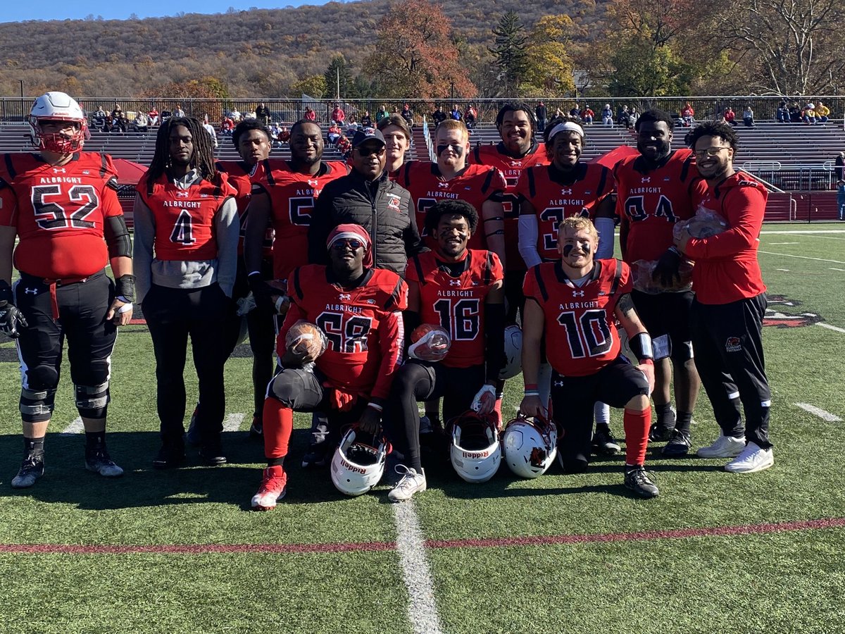 Albright_FBall's tweet photo. These men have dedicated their time as a student-athlete to help make this College a better place! We thank you for  all the hard work you have put into Albright College Football. Job Not Done, 1 game left.  #BeatLVC🦁‼️ 

🚨1pm @LVC 🚨
 
@Isaac_Collins 
@AlbrightLions https://t.co/d4pzQIv3jm
