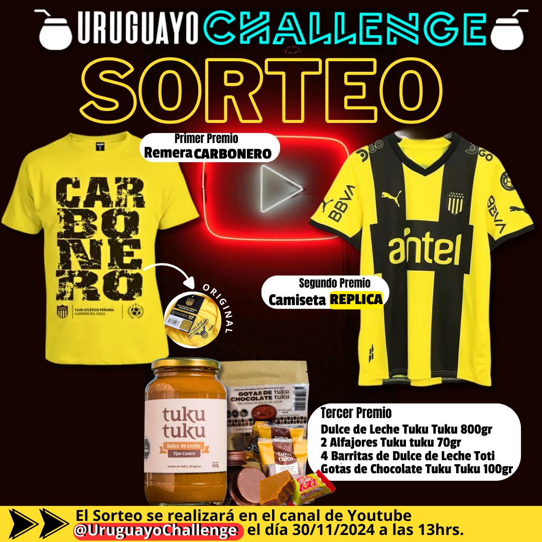 📢 ‼️SORTEO‼️
👉 Exclusivo para Youtube.

🎁⚽ ¡Gánate 3 Grandes Premios!

¿Cómo participar? 👇
Visítanos en el canal de YouTube para enterarte
Youtube @UruguayoChallenge