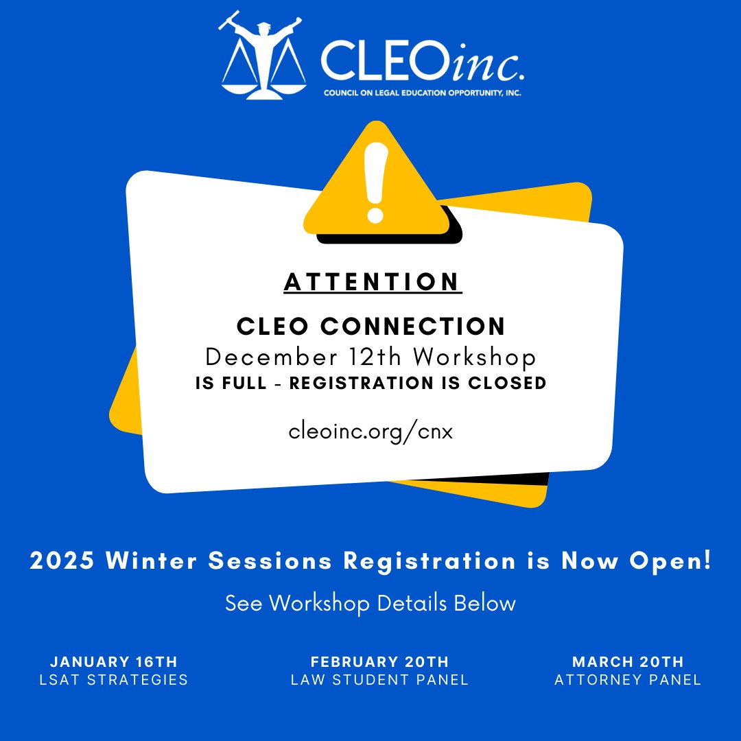 WINTER Sessions just added - sign up today. 
CLEOINC.ORG/CNX

#PreLaw #LawSchoolAdmissions #WashingtonDC #CLEO #GoulstonAndStorrs #CLEOScholars #LawSchoolPrep #PreLawStudents