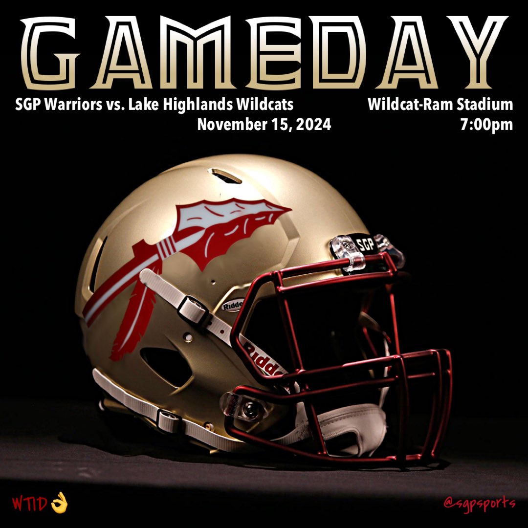 sgpsports's tweet image. 🚨🏈 BI-DISTRICT PLAYOFFS 🏈🚨

SGP Warriors (6-4)
🆚
Lake Highlands Wildcats (8-2)

⌚️ 7:00pm
🏟 Wildcat-Ram Stadium

#ONE #WTID👌