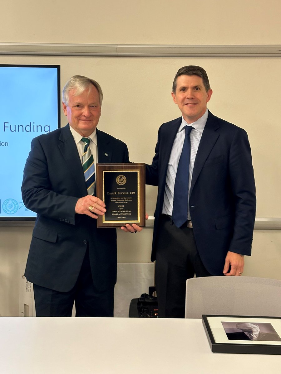 NCTreasurer's tweet photo. Congratulations to Treasurer @DaleFolwell on receiving well-deserved recognition from the #StateHealthPlan Board of Trustees! The award was presented by Treasurer-Elect @brad_briner, marking a meaningful moment of gratitude &amp; continuity in service to our state. #ncpol https://t.co/0hHL1MEo59