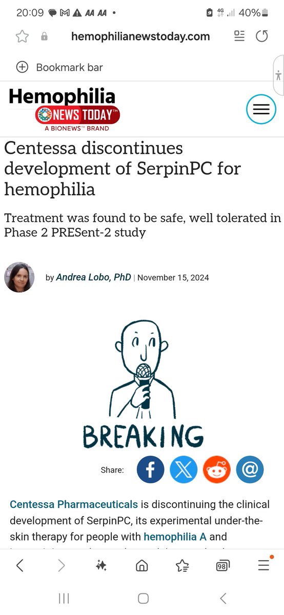Centessa have discontinued  development of their rebalancing agent, Serpin PC despite encouraging Phase 2 PREScent clinical trial results Decision due to competition from marstacimab and possibly concizumab. This leaves these 2 plus Fitusiran in trials or licenced <a href="/ProfMakris/">Michael Makris</a>
