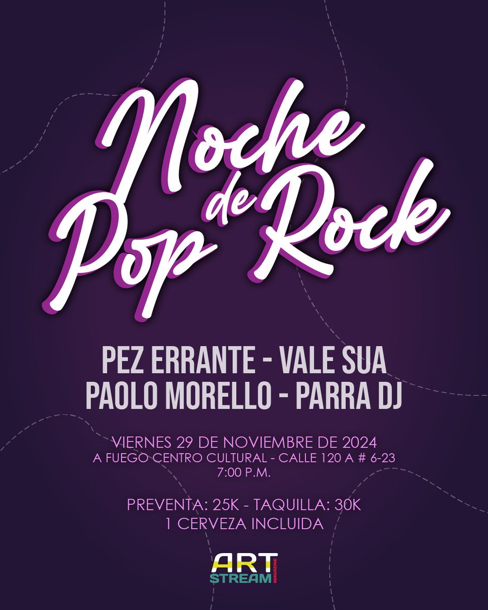 RECOMENDADO

NOCHE DE POP ROCK en A Fuego, Centro Cultural con <a href="/PezErrante/">PezErrante</a> Vale Sua y Paolo Morello.

PREVENTA: 25K con 1 cerveza incluida
TAQUILLA: 30K con 2 cerveza incluida
Info al DM