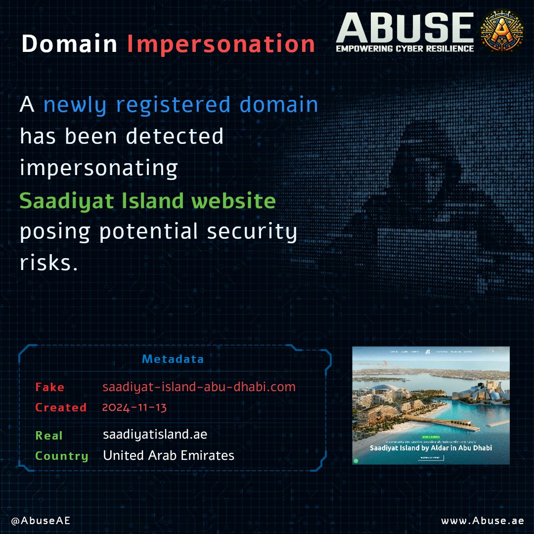 AbuseAE's tweet photo. A newly Registered domain has been detected impersonating Saadiyat Island website, posing potential security risk.
Fake site: saadiyat-island-abu-dhabi[.]com

#phishing #impersonation #AbuDhabi #saadiyat #saadiyatIsland #abuse #domain #Website @saadiyatae https://t.co/HStV78xTMD