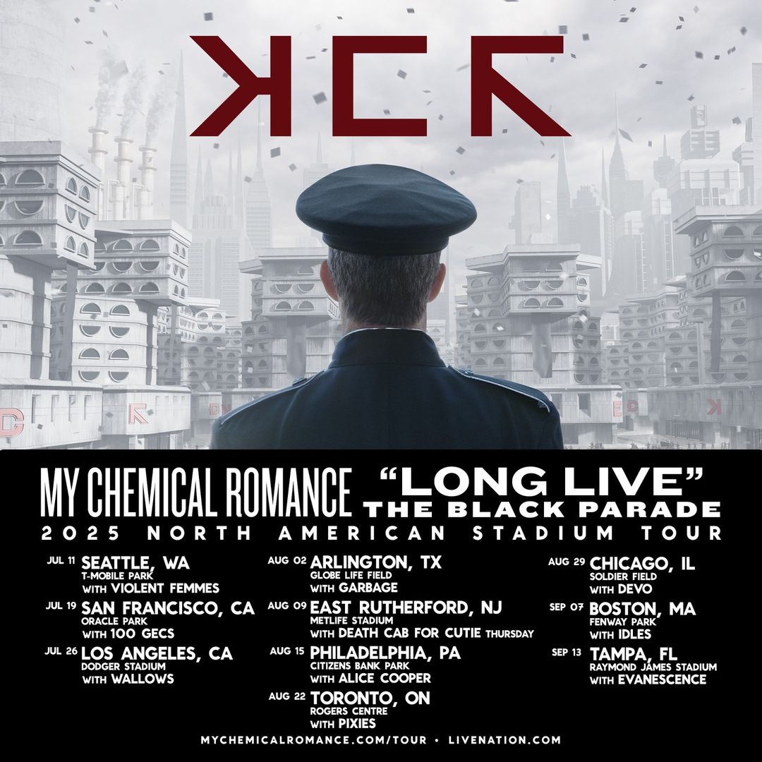 Bandsintown's tweet photo. MCR is leading today's #TourReport, bringing "The Black Parade" to some major stages in 2025, followed by heavy hitters Goo Goo Dolls, Linkin Park, Sam Fender, and many more. 

Tickets, reminders, and more from this power lineup at https://t.co/9GlBUPnApW 🔗 https://t.co/uNbTPgqWGM