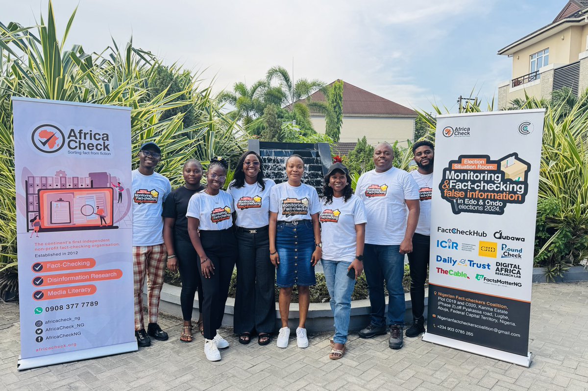 AfricaCheck_NG's tweet photo. It’s a day to the Ondo state elections and we are excited to host the Nigerian Factcheckers’ coalition situation room in Lagos.

We are happy to ensure that all hands are on deck for the purpose of verifying different information regarding the Ondo State Governorship elections for 2024.

#OndoDecides2024 #FactChecking