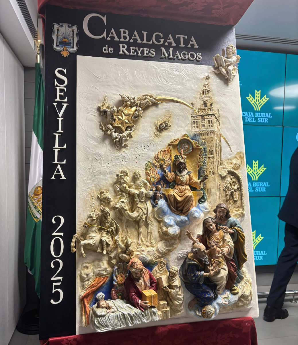 101TVSevilla's tweet photo. 👑👑👑 Así es el nuevo cartel de la Cabalgata de los Reyes Magos 2025 del Ateneo de Sevilla, obra de la escultora Guadalupe de Guzmán. https://t.co/q0fLJ5RFAC