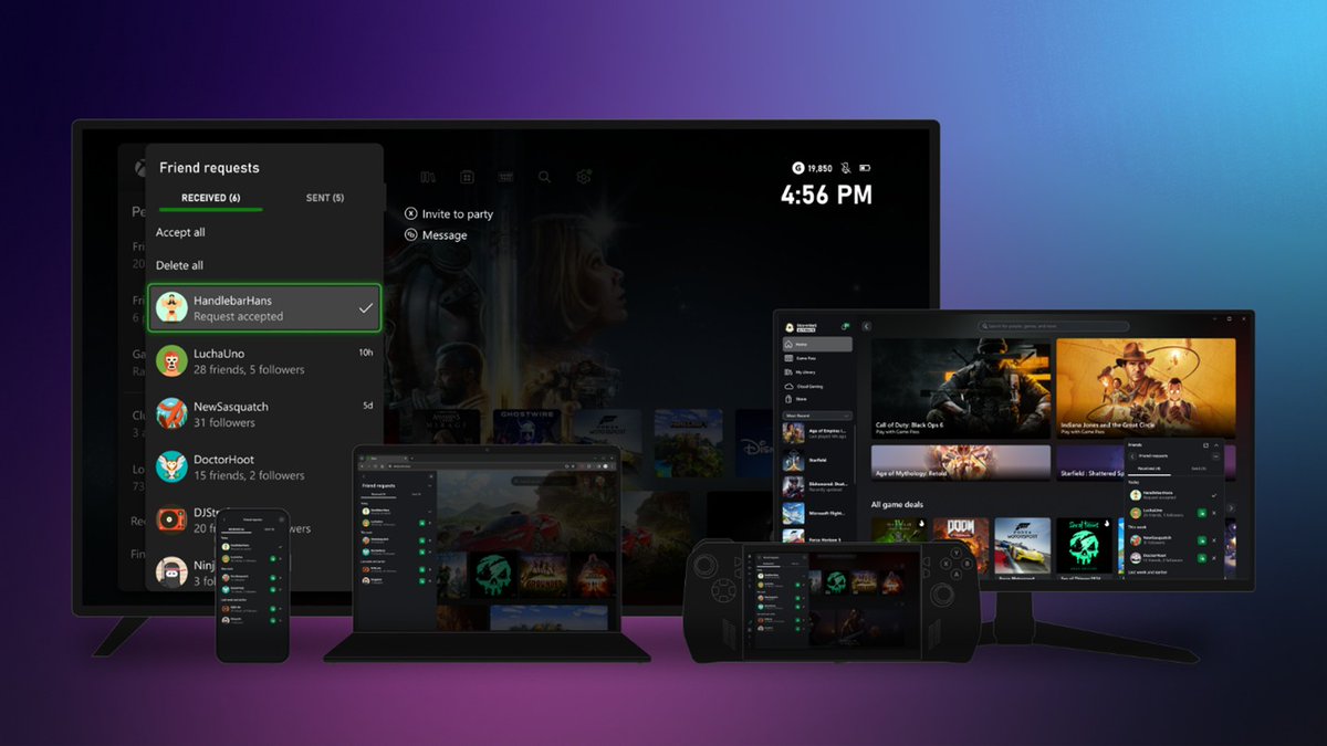 XBOX's tweet photo. This Xbox November Update we’re:

👥 Bringing back friend requests
🔎 Improving search algorithms
🏠 Introducing a new Home experience on PC
✨ Expanding personalization
… and more

Grab all the details here: https://t.co/ZNYeNDZnC3 https://t.co/uVAg0jaq0T