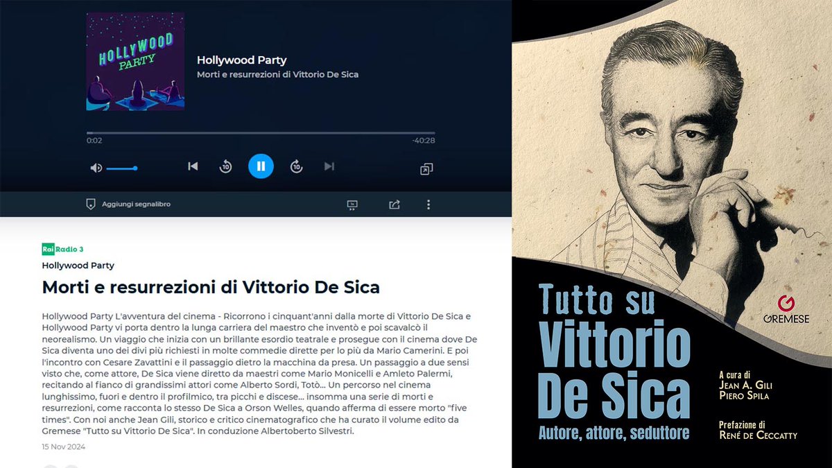 Un immenso grazie a <a href="/Radio3tweet/">Rai Radio3</a> #HollywoodParty per l'approfondimento odierno su #VittorioDeSica con il co-curatore del nostro nuovo volume a lui dedicato, #JeanGili Riascoltate la puntata qui: raiplaysound.it/audio/2024/11/…