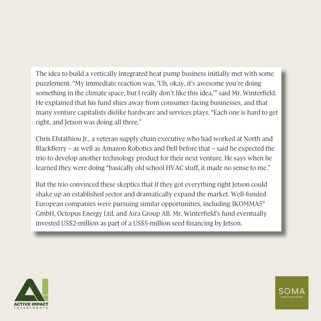 SomaPublic's tweet image. Sharing a great piece of coverage for our client, @active_impact , and their portfolio company, Jetson, in The Globe and Mail!

Read the full article:
somapublicrelations.com/news/google-bo…

#activeimpact #activeimpactinvestments #jetson #northvancouver #yvr #climatetech #climatetechinvesting