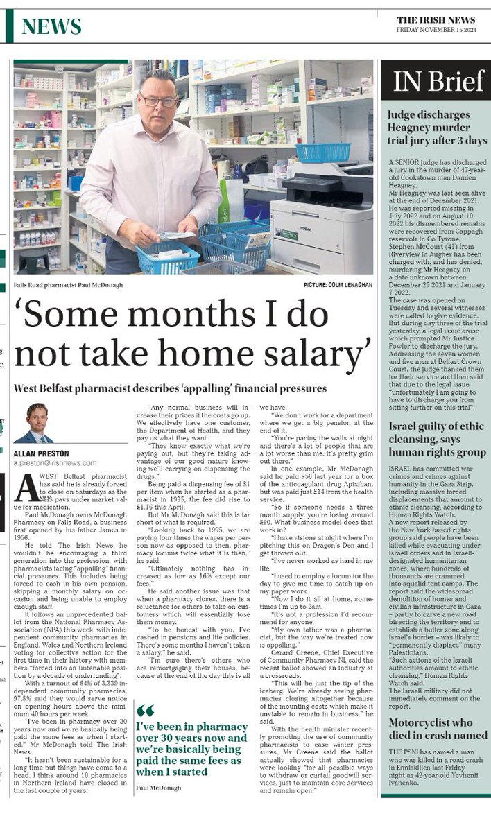 #communitypharmacy
A very frank portrayal of the challenges in &amp; what it is like running a pharmacy in Northern Ireland. The sector wants to play its part in helping patients &amp; supporting the health service but it can't be done against this backdrop 
ereader.irishnews.com/2024/11/14/som…