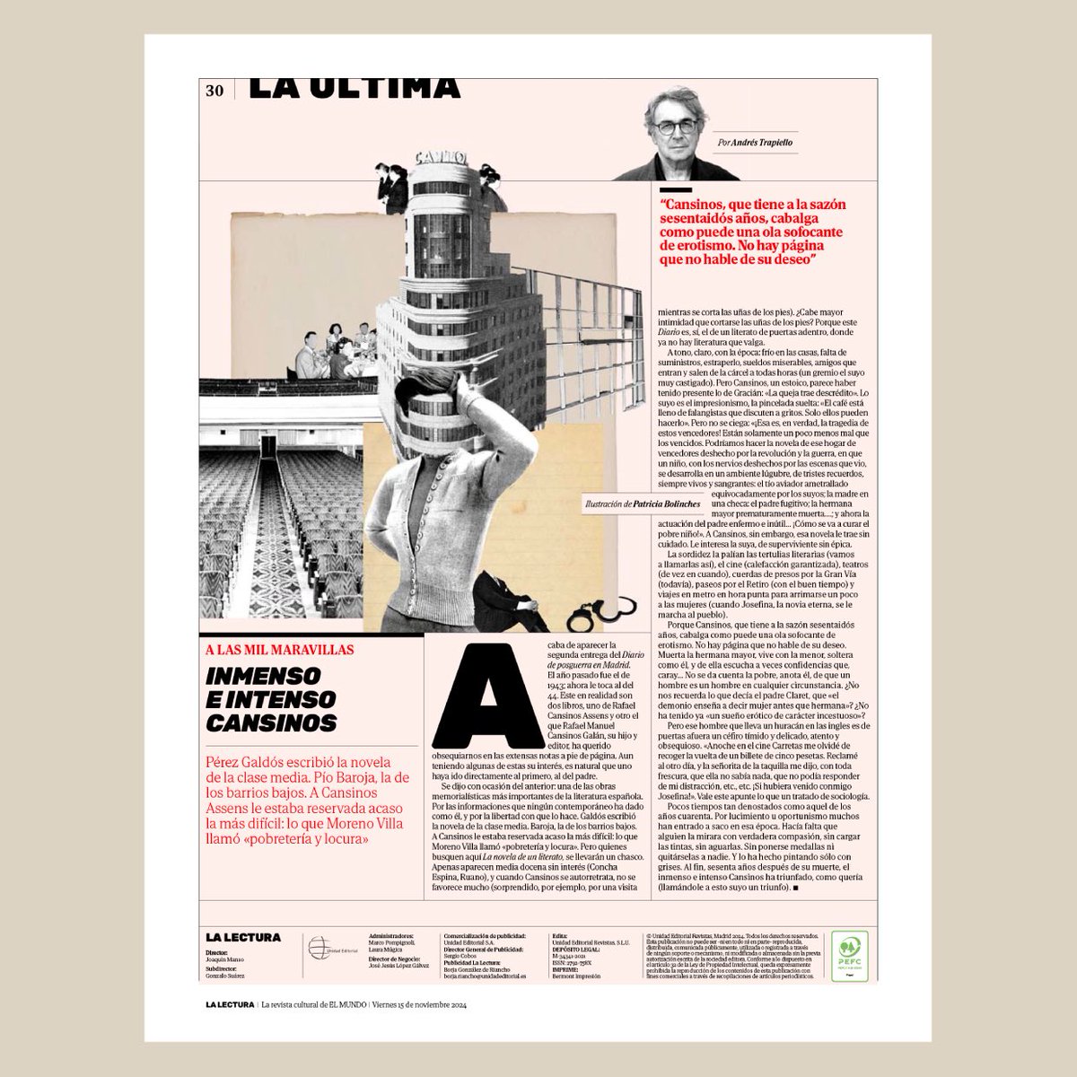 laboliespat's tweet photo. INMENSO E INTENSO CANSINOS.

Ilustración para @lalectura_em de @elmundo_es
Artículo de @TrapielloAndres 
D.A. @Maria_Gonzalz_ 

Viernes 15.11.24

#elmundo #lalectura #trapiello #alasmilmaravillas #ilustracion #press #ilustracioneditorial #patriciabolinches https://t.co/k19rc7qV5g