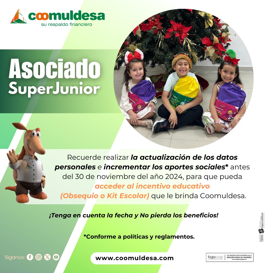 Coomuldesa's tweet photo. 🙆♂️Representante legal de menor de 14 años y asociado SuperJunior mayor de 14 años, tenga en cuenta los requisitos y fechas estipuladas para que pueda reclamar el incentivo educativo que entrega la cooperativa. 🎒📚#SuperJunior #kitescolar https://t.co/Atsz9oge08